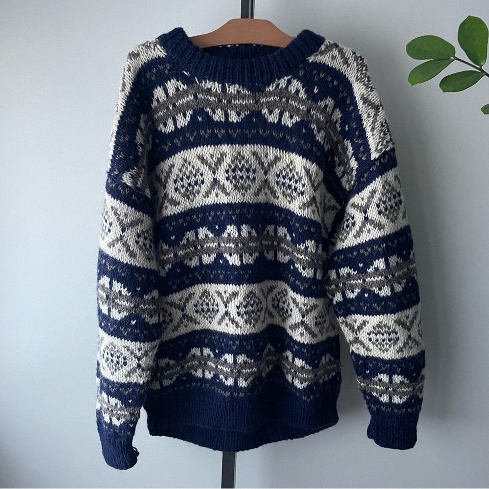 Vintage Alma 100% Wool Nordic Fair Isle Knit Sweater Handmade Icelandic Mens